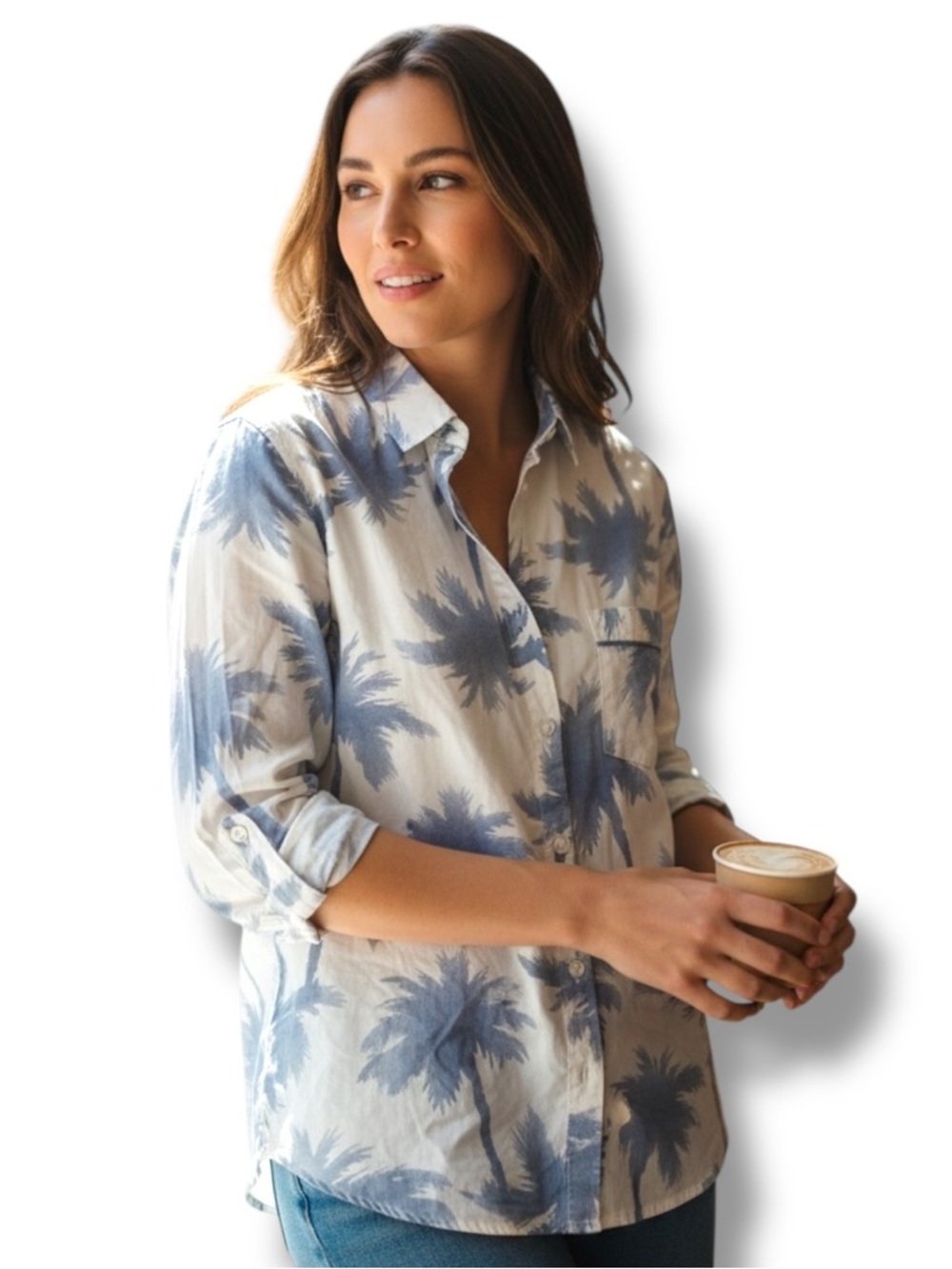Victoria’s Secret Blue Palm Leaf Button Down Shirt  Soft Lounge Beach Resort Top
